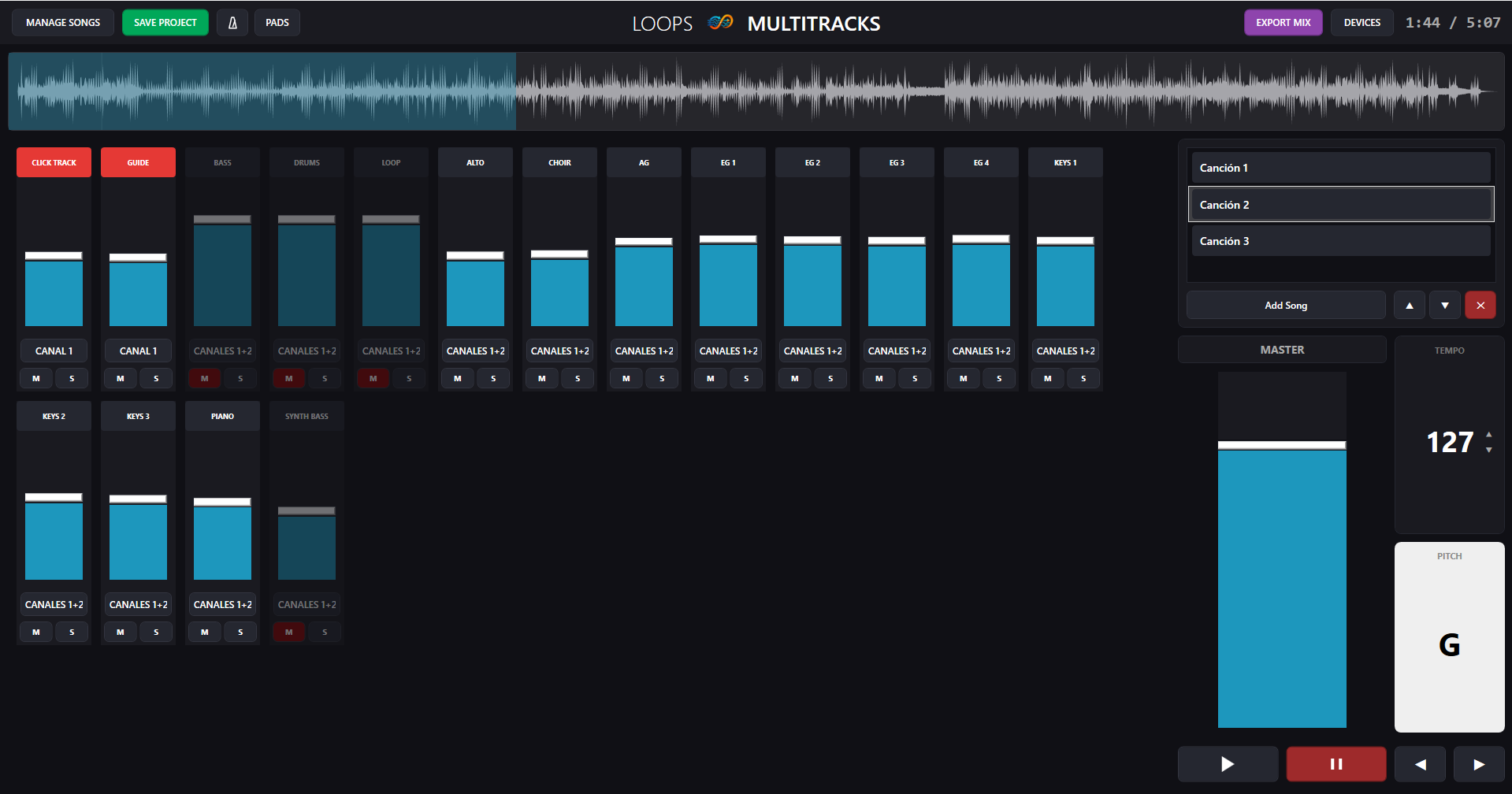 Interfaz de Loops MultiTrack con canales, pistas, tempo y controles de reproducción